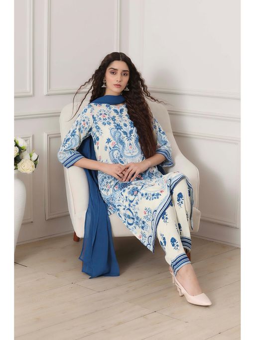 Biba Women Blue And White Printed Straight Kurta Pant With Dupatta