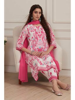 Biba - Women Pink And White Printed Straight Kurta Pant With Dupatta