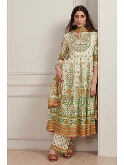 Biba - Women Cream-Toned Cotton Printed Kalidar Kurta Pant With Dupatta