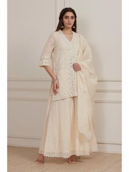 Biba - Women Off White Cotton Straight Kurta With Sharara And Dupatta
