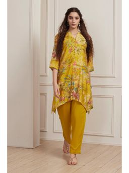 Biba - Women Yellow Viscose Chanderi Asymmetric Kurta With Inner And Pant