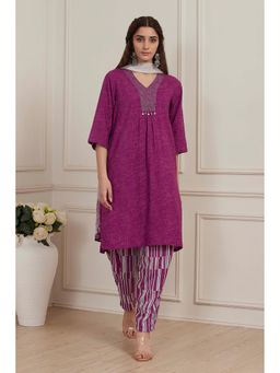 Biba - Women Purple Viscose Rayon Straight Kurta With Salwar Pant & Dupatta