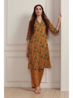 Biba - Women Mustard Yellow Cotton Printed Kurta With Pant