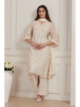 Biba - Women White Poly Chanderi Straight Kurta & Inner With Pant Dupatta