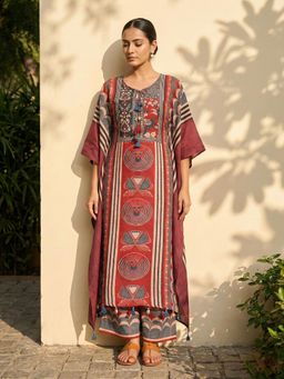trueBrowns - Red Printed Kaftan Kurta With Palazzo
