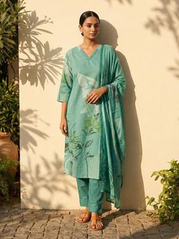 trueBrowns - Teal Floral Print Straight Kurta With Pant & Dupatta