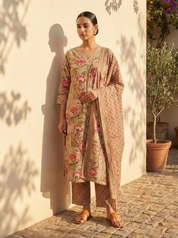 trueBrowns - Beige Floral Print Straight Kurta Pant with Dupatta