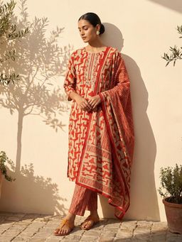 trueBrowns - Orange Abstract Print Embroidered Kurta Pant with Dupatta