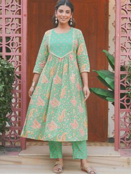 ARAMYA - Soft Cotton A-Line Paisley Print Kurta With Pant For Women Green