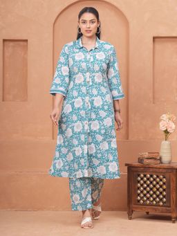 ARAMYA - Soft Cotton A-Line Floral Print Kurta With Pant For Women Teal