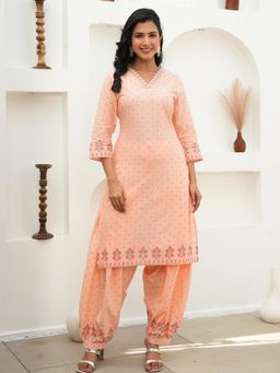 ARAMYA - Soft Cotton Straight Floral Print Kurta With Salwar Pant For Women Peach
