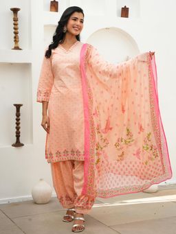 ARAMYA - Soft Cotton Straight Floral Print Kurta Salwar Pant With Dupatta For Women Peach