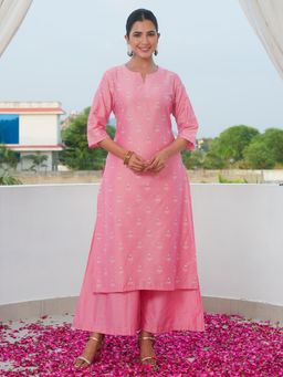 ARAMYA - Chanderi Straight Gold Foil Print Kurta With Pant For Women Pink