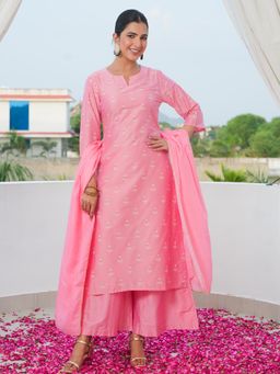 ARAMYA - Chanderi Straight Gold Foil Print Kurta Pant With Dupatta For Women Pink