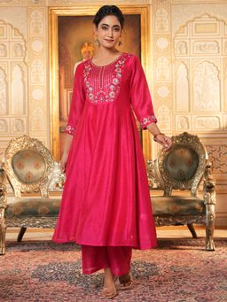 ARAMYA - Poly Silk Kurta With Pant For Women Pink