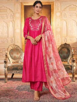 ARAMYA - Poly Silk Kurta Pant With Dupatta For Women Pink