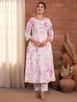 ARAMYA - Soft Cotton Floral Print Kurta With Pant For Women Multi-Color