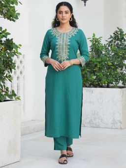 ARAMYA - Slub Cotton Straight Kurta With Pant For Women Blue