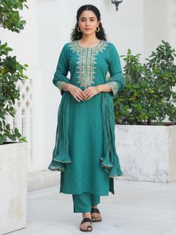 ARAMYA - Slub Cotton Straight Kurta Pant With Dupatta For Women Blue