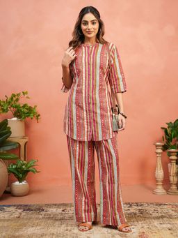 ARAMYA - Linen Cotton Straight Striped Print Kurta With Pant For Women Multi-Color