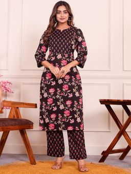 ARAMYA - Soft Cotton Straight Floral Print Kurta With Pant For Women Black