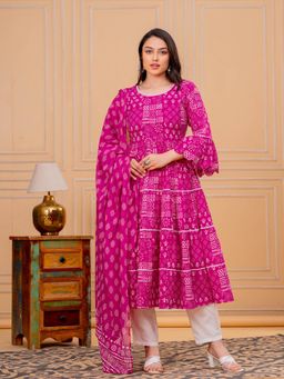 ARAMYA - Soft Cotton Flared Print Kurta Pant With Dupatta For Women Pink