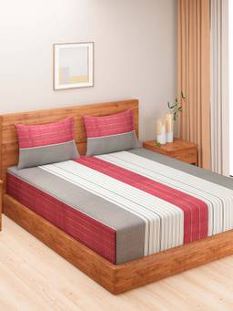 Swayam - Multi-Color Striped 210 TC Pure Cotton Bedsheet with Pillow Covers