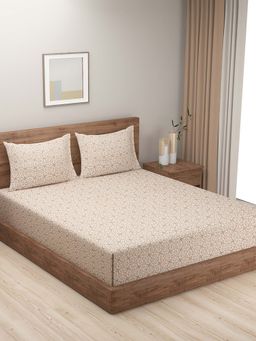 Swayam - Beige Motifs 210 TC Pure Cotton Bedsheet with Pillow Covers