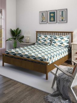 Swayam - Teal Geometric 210 TC Pure Cotton Bedsheet with Pillow Covers
