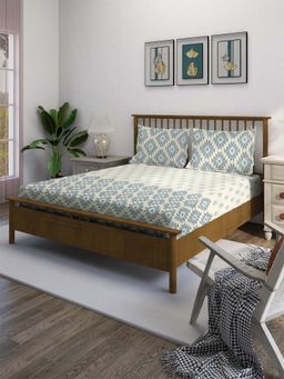 Swayam - Off White Geometric 210 TC Pure Cotton Bedsheet with Pillow Covers