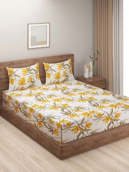 Swayam - White Floral 160 TC Microfiber Bedsheet with Pillow Covers (Queen)