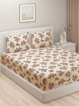 Swayam - Beige Floral 160 TC Microfiber Bedsheet with Pillow Covers (Queen)