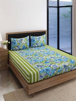 Swayam - Blue Floral 160 TC Pure Cotton Bedsheet with Pillow Covers (Queen)