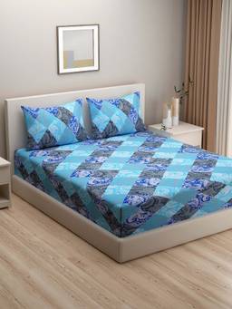 Swayam - Blue Geometric 160 TC Pure Cotton Bedsheet with Pillow Covers (Queen)