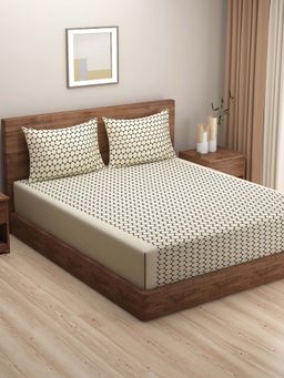 Swayam - Cream Geometric 160 TC Pure Cotton Bedsheet with Pillow Covers