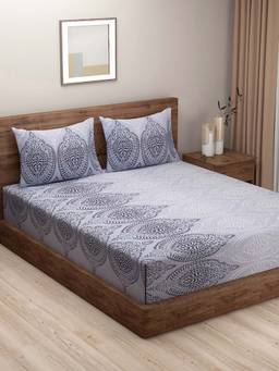 Swayam - Blue Ethnic Motifs 210 TC Pure Cotton Bedsheet with Pillow Covers (King)