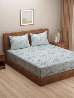 Swayam - Turquoise Floral 210 TC Pure Cotton Bedsheet with Pillow Covers (King)