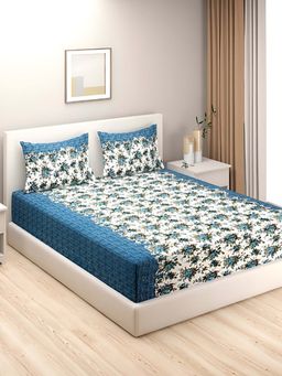 Swayam - Blue Floral 144 TC Cotton Bedsheet with Pillow Covers (King)