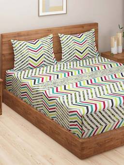 Swayam - Multi-Color Geometric 144 TC Cotton Bedsheet with Pillow Covers (King)