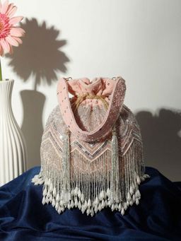 Anekaant - Dangle Peach and Silver Chevron Embellished Velvet Potli