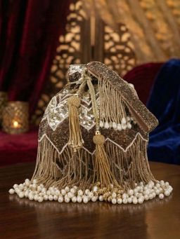 Anekaant - Dangle Gold and Copper Chevron Embellished Faux Silk Potli