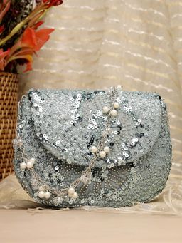 Anekaant - Petal Posh Steel Blue Faux Silk Floral Embellished Clutch with Detachable Chain
