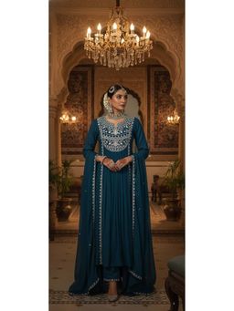 Bhavyata - Womens Chanderi Sequined Teal Anarkali Kurta with Pant and Dupatta