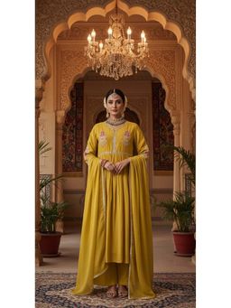 Bhavyata - Womens Chanderi Embroidered Yellow Anarkali Kurta with Palazzo and Dupatta