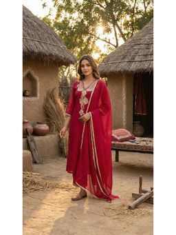 Bhavyata - Womens Chanderi Embroidered Red Kurta with Pant and Dupatta