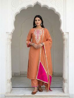 Bhavyata - Womens Chanderi Embroidered Rust Kurta with Palazzo and Dupatta