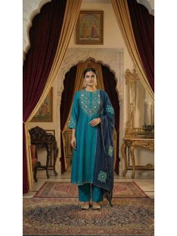 Bhavyata - Womens Silk Embroidered Blue Kurta with Pant and Dupatta