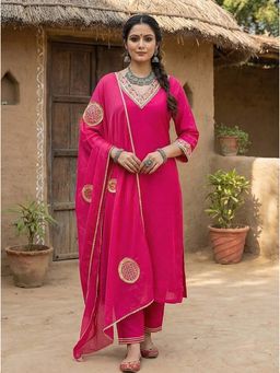 Bhavyata - Womens Chanderi Embroidered Pink Kurta with Pant and Dupatta