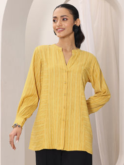 Libas - Yellow Woven Design Striped Panelled Front Open Kurti