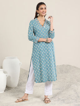 Libas - Blue Floral Printed Straight Kurta